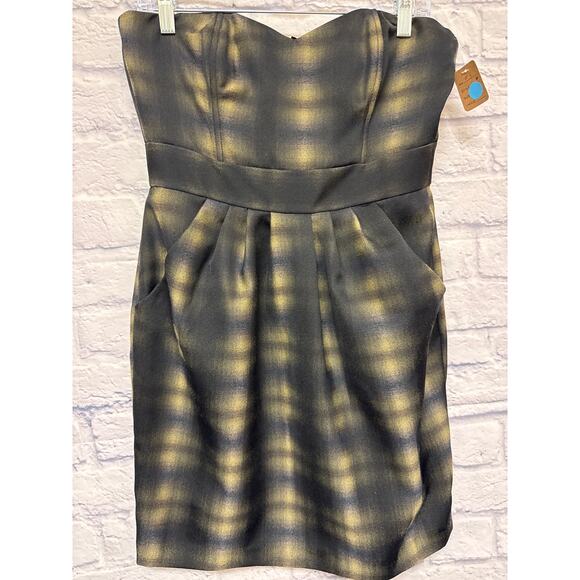H&M Y2K Strapless Plaid Mini Dress w/Pleats and Pockets Black Tan Blue SZ 8 NWOT - Picture 1 of 4